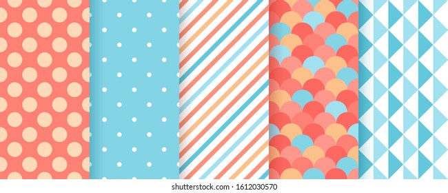 Scrapbook print. Seamless pattern. Vector. Cute background for scrap design. Chic paper with polka dot, stripe, triangle, fish scale. Trendy blue red texture. Color illustration Geometric backdrop