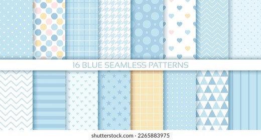 Scrapbook seamless background. Blue baby shower patterns. Set cute prints with polka dots, stripes, zigzag, plaid. Retro pastel texture. Geometric childish wrapping backdrop. Color vector illustration