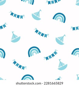 Scrapbook seamless background. Blue baby shower patterns. Cute print with boath, rainbow and triangular flags