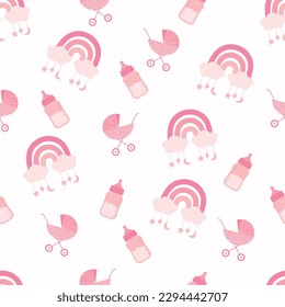 Scrapbook seamless background. Pink baby shower patterns. Cute print with baby carriage, milk bottle and rainbow