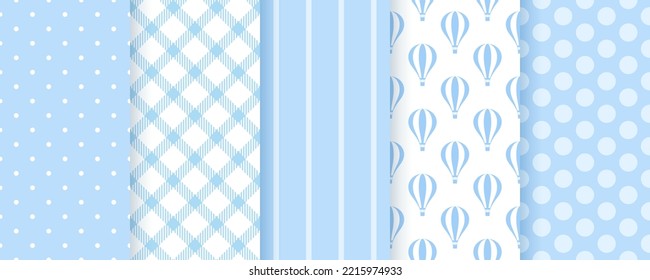 Scrapbook seamless backgrounds. Blue baby boy pattern. Set baby shower prints with polka dots, stripes, air balloons and plaid. Pastel wrapping textures. Retro childish backdrops. Vector illustration