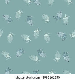 Scrapbook seamless botany pattern with abstract acorn silhouettes shapes. Blue pastel background. Vector illustration for seasonal textile prints, fabric, banners, backdrops and wallpapers.
