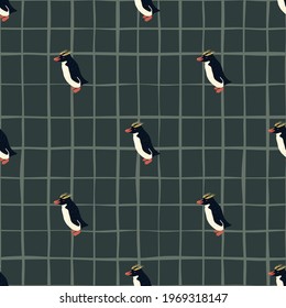 Scrapbook patrón de doodle sin fisuras con ornamento de pingüinos crestados. Fondo azul a cuadros. Obra artística en el Ártico. Diseñado para el diseño de tejidos, impresión textil, envoltura, cubierta. Ilustración vectorial.