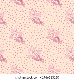 Scrapbook seamless pattern with abstract pink flower silhouettes print. Dotted background. Floral backdrop. Perfect for fabric design, textile print, wrapping, cover. Vector illustration.