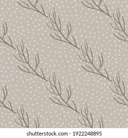 Scrapbook seamless pattern in autumn tones with simple branch shapes. Beige dotted background. Decorative backdrop for fabric design, textile print, wrapping, cover. Vector illustration.