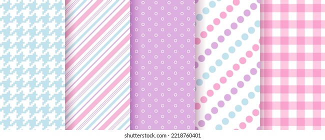 Scrapbook seamless pattern. Baby shower backgrounds. Set textures with polka dot, stripe, plaid, houndstooth. Retro pastel print. Geometric wrapping backdrop. Childish scrap design Vector illustration