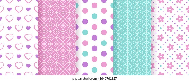 Scrapbook seamless pattern, background. Vector. Cute paper for scrap design. Chic print with heart, polka dot, flower, quatrefoil, leaf. Trendy modern texture. Color illustration. Geometric backdrop