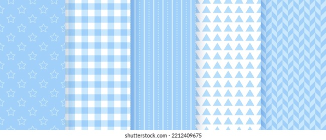 Scrapbook seamless pattern. Blue baby boy backgrounds. Set baby shower textures with polka dots, sripes, stars, check and herring bone. Wrapping prints. Retro pastel backdrops. Vector illustration. 