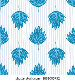 Scrapbook seamless pattern with botanic bright blue leaf ornament. Striped light background. Decorative backdrop for fabric design, textile print, wrapping, cover. Vector illustration.
