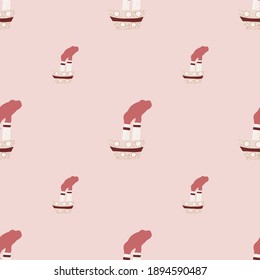 Scrapbook seamless pattern with cartoon steamship elements. Pink pastel background. Funny print. Vector illustration for seasonal textile prints, fabric, banners, backdrops and wallpapers.