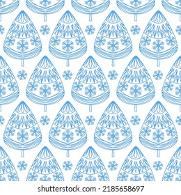 Scrapbook seamless pattern with christmas tree blue white cute cozy background for gift wrapping paper design