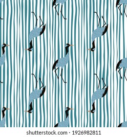 Scrapbook seamless pattern with creative crane bird silhouettes print. Blue striped background. Perfect for fabric design, textile print, wrapping, cover. Vector illustration.