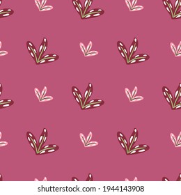 Scrapbook patrón sin fisuras con doodle formas simples de hoja. Fondo rosa. Ornamento abstracto botánico. Perfecto para el diseño de tela, impresión textil, envoltura, cubierta. Ilustración vectorial.