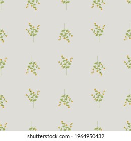 Scrapbook seamless pattern with green wildflowers ornament. Spring elements on light blue background. Graphic design for wrapping paper and fabric textures. Vector Illustration.