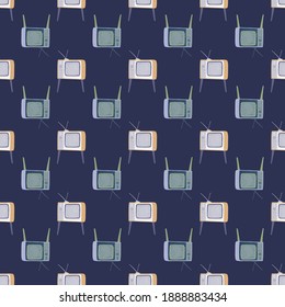Scrapbook seamless pattern with hand drawn tv ornament. Navy blue background. Flat vector print for textile, fabric, giftwrap, wallpapers. Endless illustration.