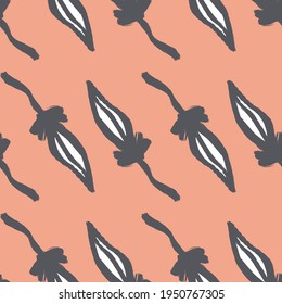 Scrapbook seamless pattern with navy blue contoured leaves elements. Pink pastel pale background. Flat vector print for textile, fabric, giftwrap, wallpapers. Endless illustration.