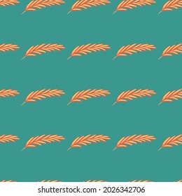Scrapbook seamless pattern with orange feather silhouettes print. Turquoise background. Decorative shapes. Perfect for fabric design, textile print, wrapping, cover. Vector illustration.