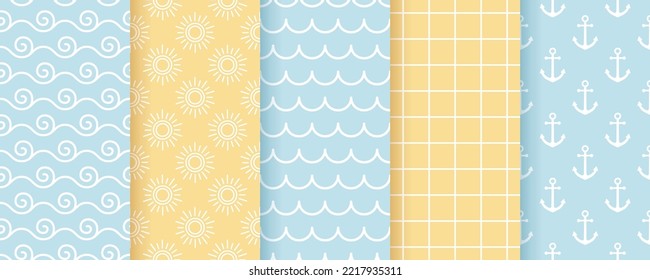 Scrapbook seamless pattern. Pastel nautical background. Set baby shower textures with waves, anchor, sun and plaid. Childish blue yellow wrapping print. Vector illustration. Geometric sea scrap design