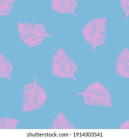 Scrapbook nahtloses Muster mit rosafarbenen Nadelfarnblattsilhouetten. Blauer Hintergrund. Hawaii-Druck. Vektorgrafik für saisonale Stoffdrucke, Stoffe, Banner, Hintergründe und Wallpaper.