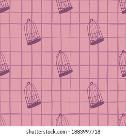 Scrapbook seamless pattern with purple bird cage contour ornament on pink chequered background. Decorative backdrop for fabric design, textile print, wrapping, cover. Vector illustration.