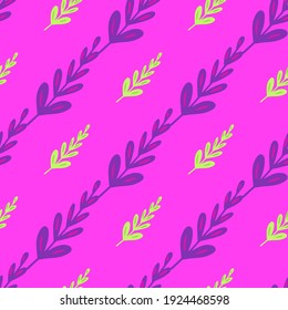 Scrapbook seamless pattern with purple and green bright leaves branches ornament. Pink background. Perfect for fabric design, textile print, wrapping, cover. Vector illustration.
