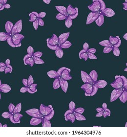 Scrapbook seamless pattern with purple random orchid flower elements. Dark background. Floral backdrop. Vector illustration for seasonal textile prints, fabric, banners, backdrops and wallpapers.