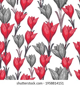 Scrapbook seamless pattern with red and grey outline crocus flowers print. White background. Graphic design for wrapping paper and fabric textures. Vector Illustration.