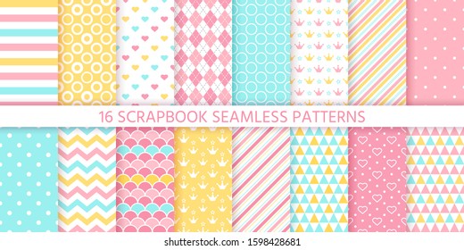 Scrapbook seamless pattern. Vector. Cute birthday prints. Set textures with polka dot, stripe, zigzag, heart, crown, fish scale. Pastel illustration. Retro backgrounds. Geometric trendy color backdrop