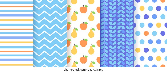 Scrapbook seamless pattern. Vector. Cute background for scrap design. Chic print with polka dot, stripe, zigzag, fruits. Trendy texture. Wrapping paper. Color illustration Geometric backdrop.