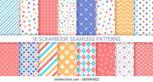 Scrapbook seamless pattern. Vector. Cute backgrounds. Set prints with polka dot, heart, flower, star, zigzag and rhombus. Colorful illustration. Trendy packing papers. Retro textures. Chic backdrops.