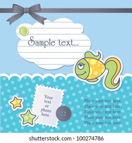 scrapbook set with cartoon fish, sewing buttons and bow