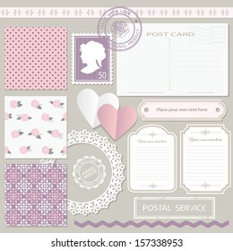 Scrapbook set with different elements - scrapbook paper, lace, postcard, stamp, frame, paper cut heart, ribbon.