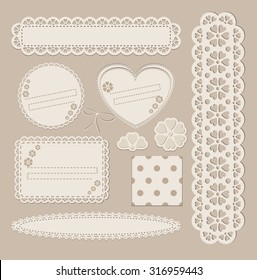 Scrapbook set with different elements - scrapbook paper, lace, postcard, stamp, frame, paper cut heart, ribbon.