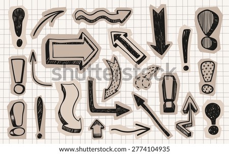 Scrapbook set of doodle arrows and exclamation marks on notebook page background. Vector illustration of black crayon or marker drawn signs on paper cutout stickers, sketch icons for grunge collage