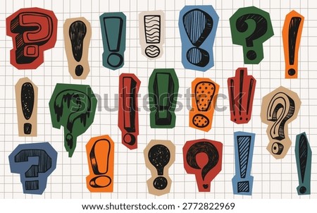 Scrapbook set of question and exclamation marks on notebook page background. Vector illustration of paper cutout stickers with doodle signs drawn by black crayon or marker, sketch icons for collage