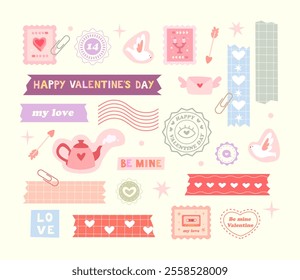 A scrapbook set in retro style.  Washi tape, strips, ribbons, sticker, postage stamps, stamp.