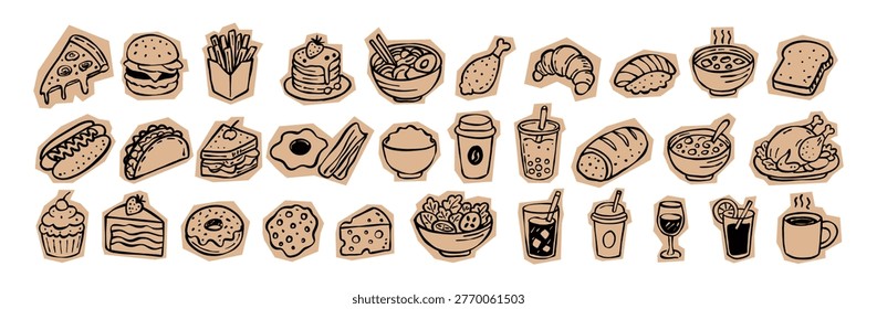 Scrapbook sticker set featuring hand drawn food and drink doodles on textured kraft paper. Perfect for digital planners, journals, and creative stationery design projects