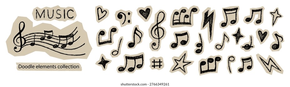 Scrapbook stickers with doodle music notes. Crayon notes on cutout old paper pieces. Scrapbook elements with music signs, heart, star and lightning for collage, zine, diary, vector illustration