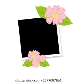 Scrapbook - style photo frame mockup, complete with shadows and pink flowers with leaves. Spring vector artwork