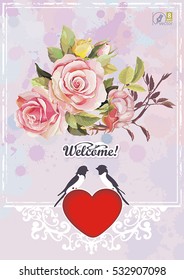 Scrapbook style retro greeting card with romantic flowers. Beautiful vintage design with roses. Wedding Shabby chic vector Illustration, eps8