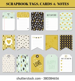Scrapbook-Tags, Karten und Notizen - zum Geburtstag, Baby-Dusche, Party, Design - in Vektorgrafik
