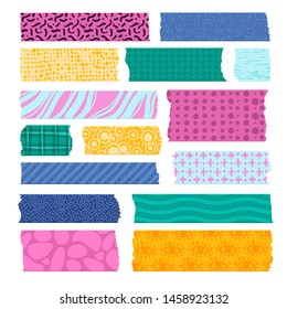 Scrapbook tape. Color patterned borders, decoration adhesive tapes. Paper scotch strips, colorful fabrics tags vector prints and pieces for scrapbooking card