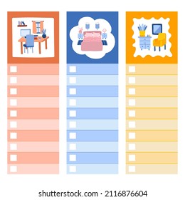 Scrapbook templates for planner with blank inputs with cartoon illustrations with home interior. With printable, editable illustrations. For school, university schedule. For tasks, notes, thoughts.