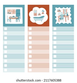 Scrapbook templates for planner with blank inputs with cartoon illustrations with home interior. With printable, editable illustrations. For school, university schedule. For tasks, notes, thoughts.