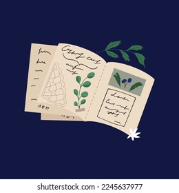 Scrapbook with text and plants. Hand drawn vector illustration. Herbarium