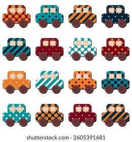 Scrapbook textile cars toys on white background isolated set collection	
