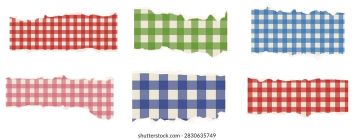 Scrapbook torn paper set with gingham plaid pattern ripped strips, vintage cottagecore paper tapes collection, vector illustration for junk journal collage, colorful checkered page border graphics
