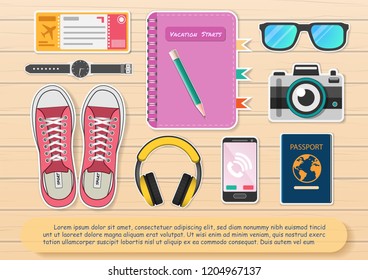 Scrapbooking album, notebook with travel elements and accessories icon. plane around the world concept summer banner on wood Background Design, paper art, vector, Card, Poster,