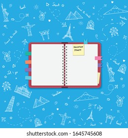 Scrapbooking album, notebook with travel elements and accessories icon. doodle airplane around the world concept summer banner plane aerial check in with Top world famous landmark blank on map space 