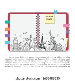 Scrapbooking album, notebook with travel elements. doodle airplane around the world concept summer banner plane aerial check in with Top world famous landmark blank on map space for text and content, 